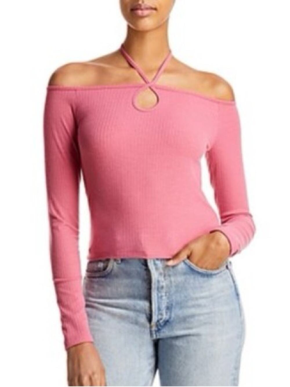Aqua Bloomingdale's Exclusive Mauve Pink Long Sleeve Cropped Shirt, Large NWT